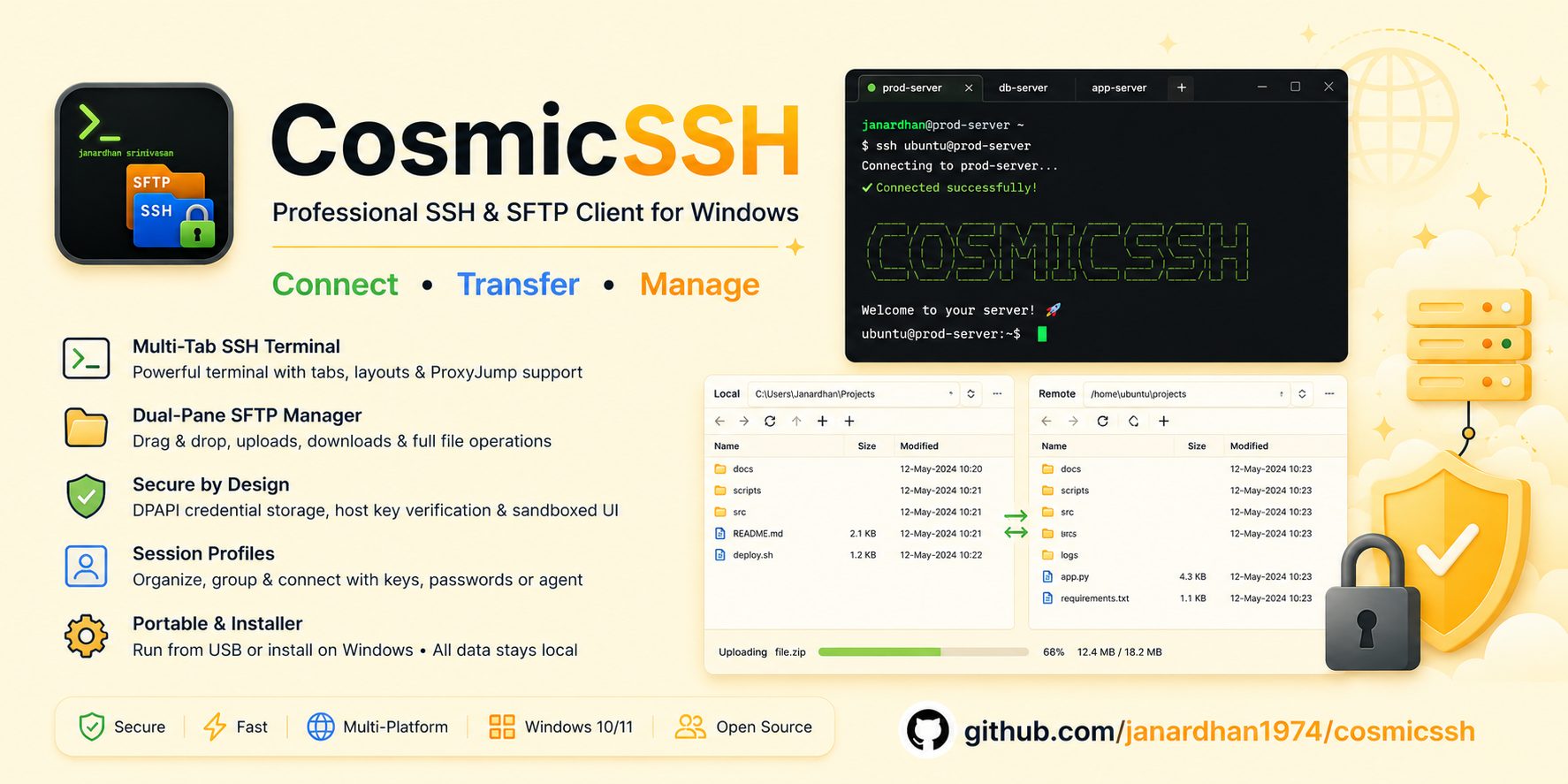 CosmicSSH — Professional SSH & SFTP Client for Windows. Connect, Transfer, Manage.
